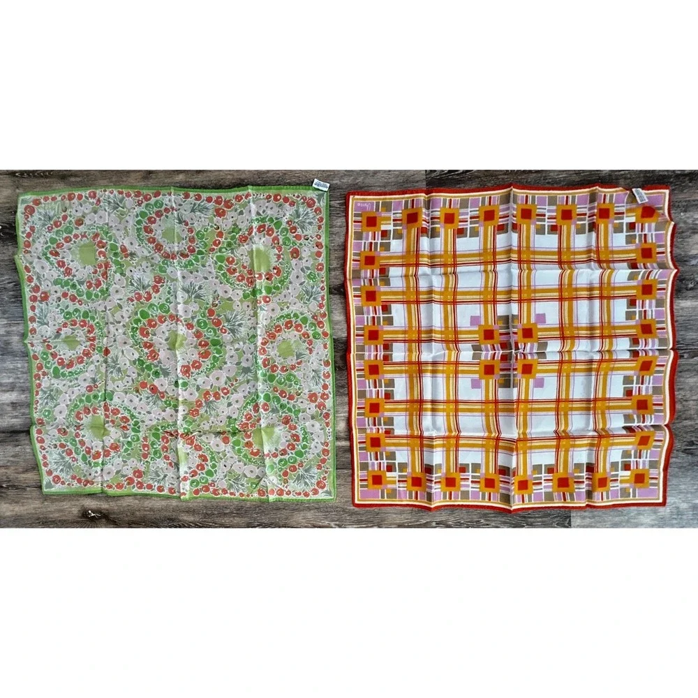 Vtg Vera Scarf Set 2 Green Pink Orange Geometric Floral Silk Rayon Blend Japan